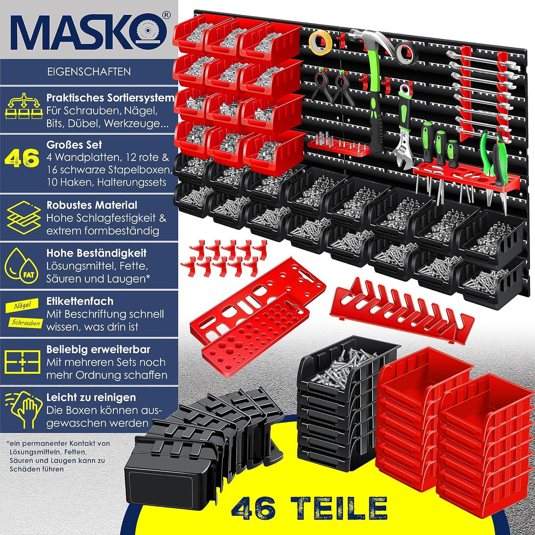 MASKOยฎ Wandregal + Stapelboxen + Werkzeughalter | 45 TLG Box | Erweiterbar | Werkstattregal Lagerreg