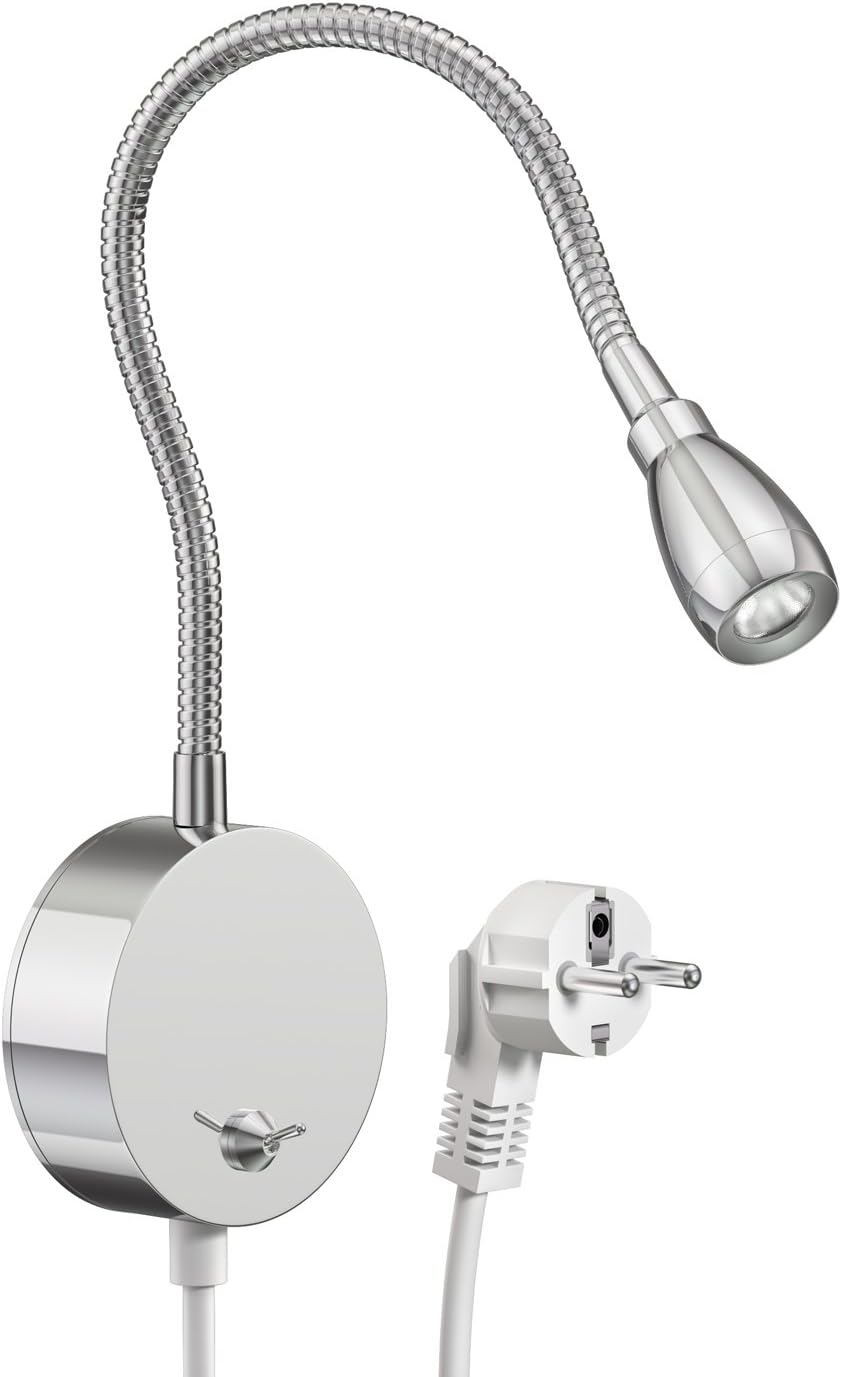 ledscom.de LED Leselampe/Wandleuchte HAN, Schwanenhals, Schalter, Stecker, chrom glänzend, weiss
