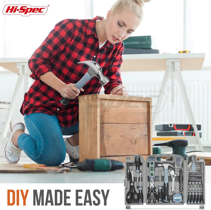 Hi-Spec 54-TLG. Werkzeugkasten-Set in Grau, gefüllt mit Werkzeugen für Haushalt und Garage. Werkzeug