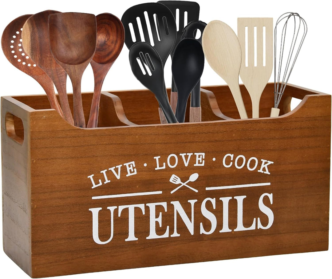 Karisky Kitchen Utensilhalter mit Drainageboden, grosse 3 Fächer fester echtes Holz Utensil Organize