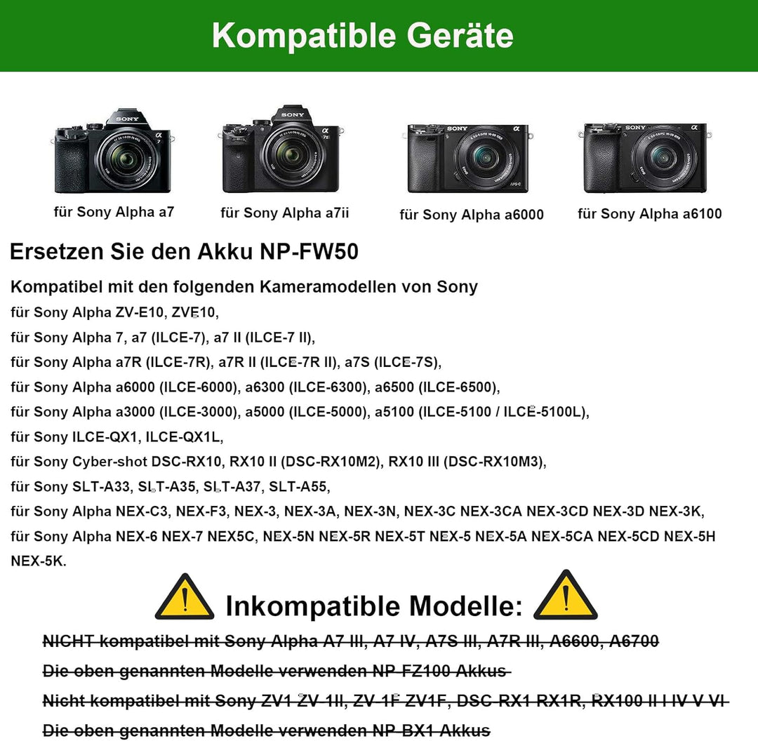 Gonine AC-PW20 Netzteil NP-FW50 Dummy Akku Kit für Sony Alpha ZV-E10 A7 A7R A7S A7II A7RII A7SII A65