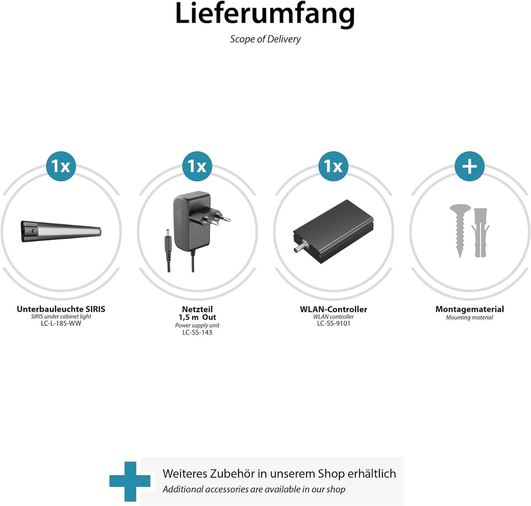 ledscom.de Smarte LED Unterbau-Leuchte SIRIS schwarz matt mit Netzteil und WLAN-Controller flach, Sm
