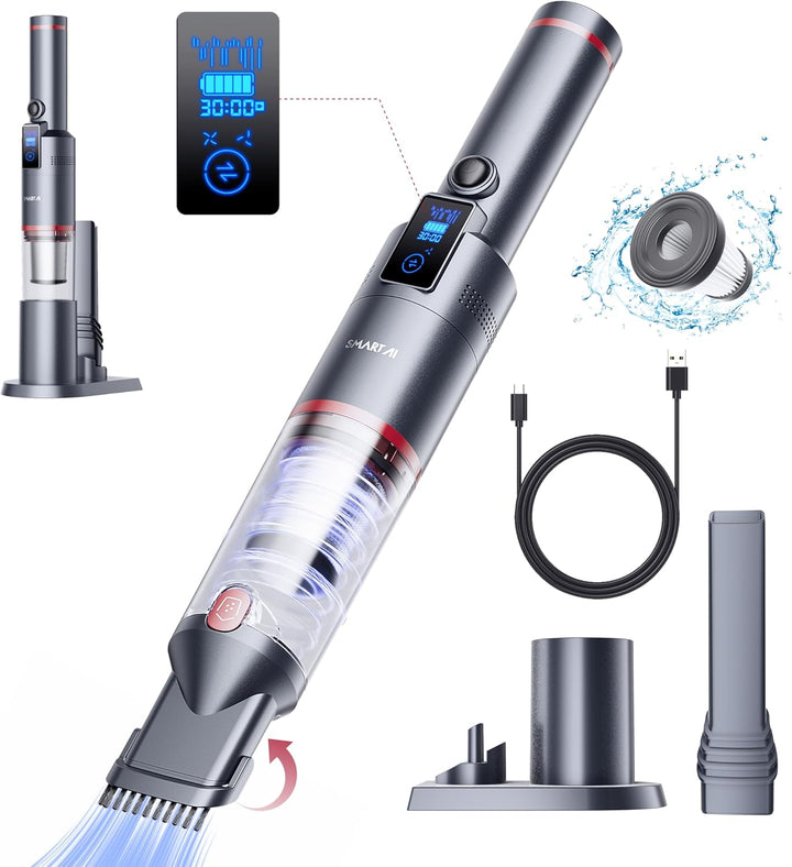 SmartAI Handstaubsauger, 17000Pa Mini LED Kabelloser Akku Handsauger, 30 Minuten Dauer Leicht Akkusa