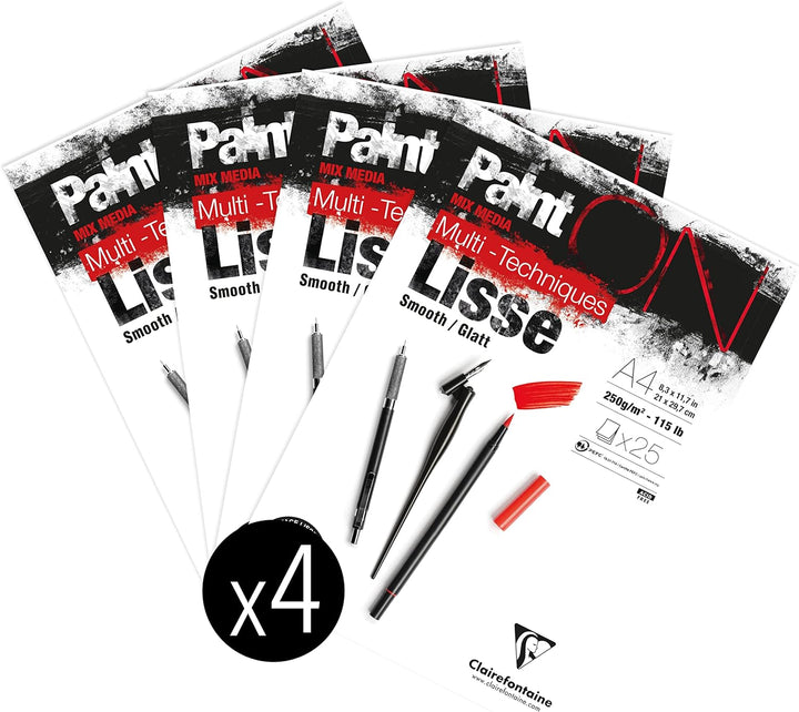 Clairefontaine 975729C - Packung mit 4 Blöcken Paint´ON Lisse/Glatt, DIN A4, kopfseitig geleimt, 25