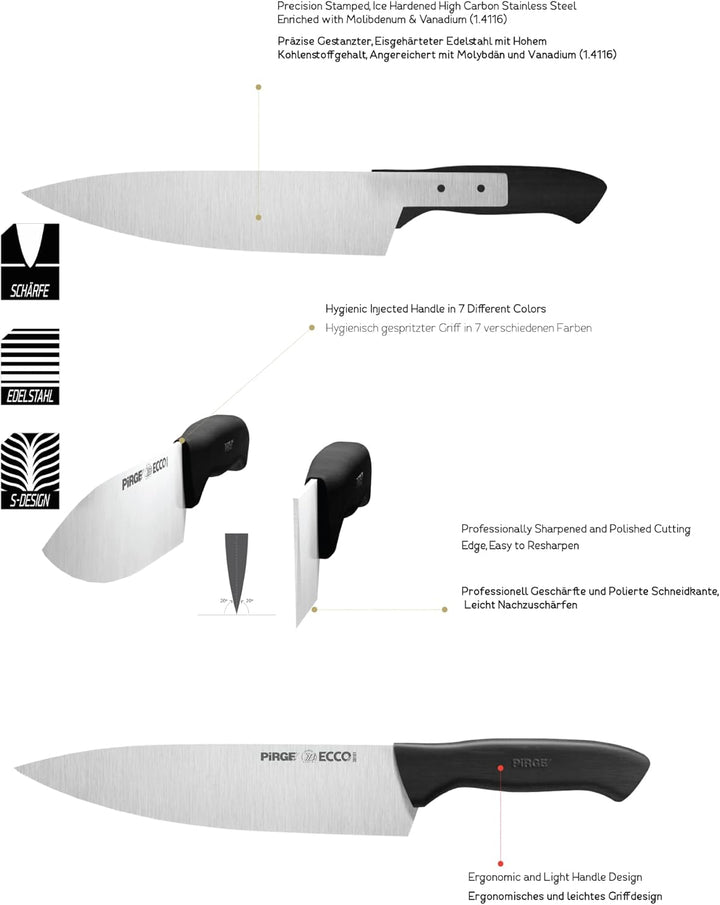 Pirge Ecco Starter Set Profi Messerset mit Tasche 4 Stück - Profi Kochmesser Set - Edelstahl Profi K