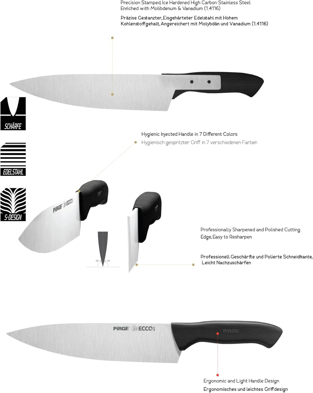 Pirge Ecco Starter Set Profi Messerset mit Tasche 4 Stück - Profi Kochmesser Set - Edelstahl Profi K