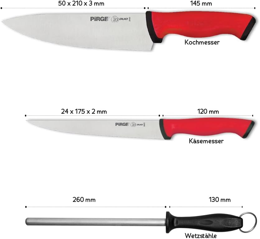 Pirge Duo Profi Messerset mit Tasche 4 Stück - Rutschfester Griff - Profi Kochmesser Set - Edelstahl