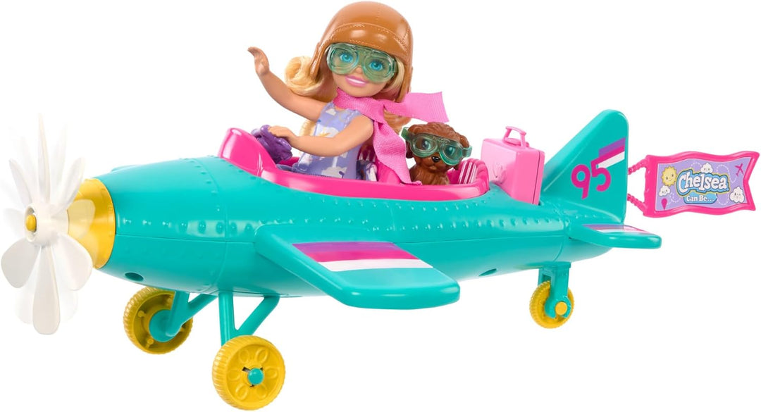 BARBIE Chelsea Flugzeug Puppe und Spielset - Pilotenpuppe, Flugzeug, Hündchen und Zubehör für Geschi