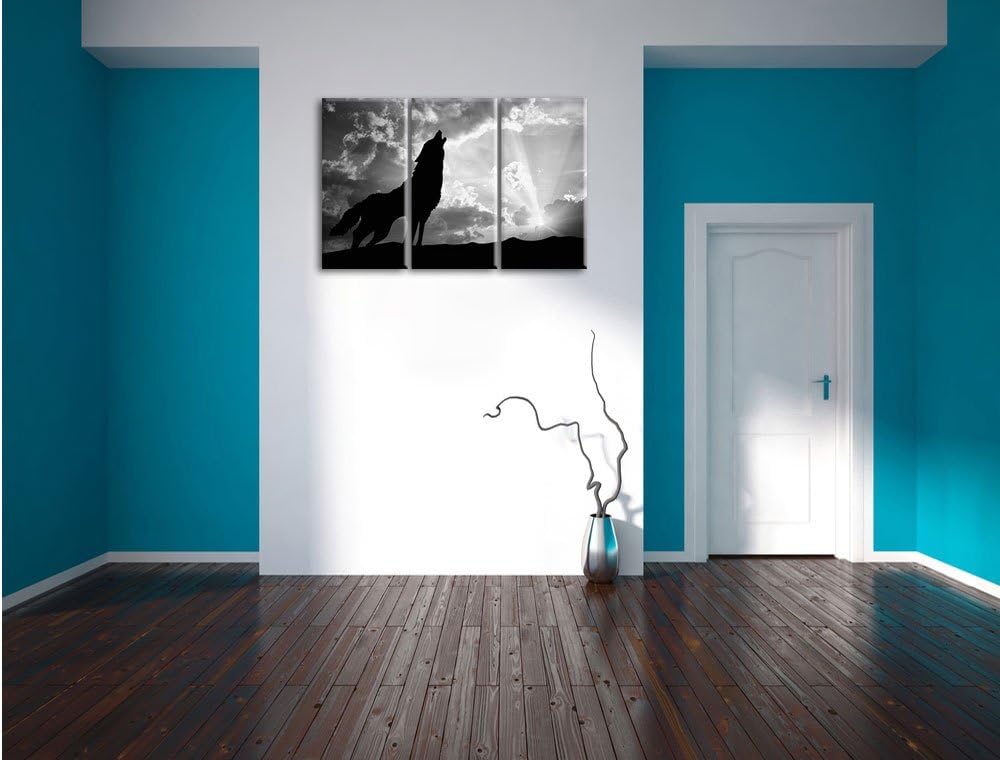 Pixxprint Wolf Heulen als Leinwandbild/Grösse: 3 Teilig (120x80) cm/Wandbild/Kunstdruck/fertig bespa