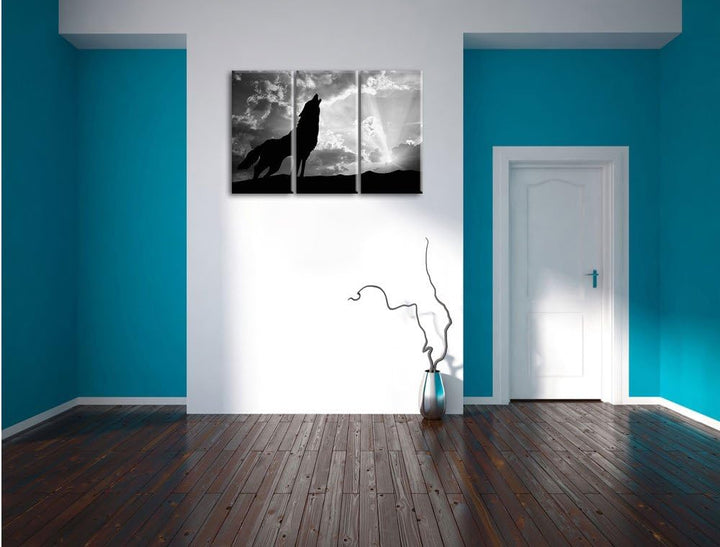 Pixxprint Wolf Heulen als Leinwandbild/Grösse: 3 Teilig (120x80) cm/Wandbild/Kunstdruck/fertig bespa