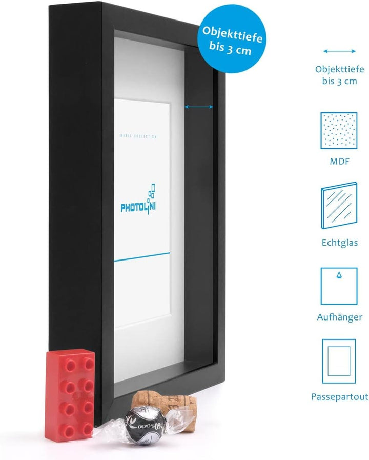 PHOTOLINI 3D-Bilderrahmen zum Befüllen 30x30 cm, Schwarz, Bilderrahmen extra tief mit Passepartout,