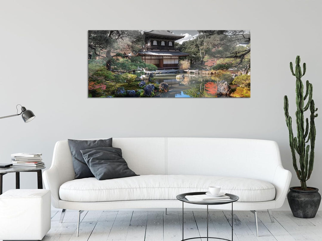 Glasbild Panorama | Wandbild aus Echtglas | Ginkaku-ji-Tempel in Kyoto | 100x40 cm | inkl. Aufhängun