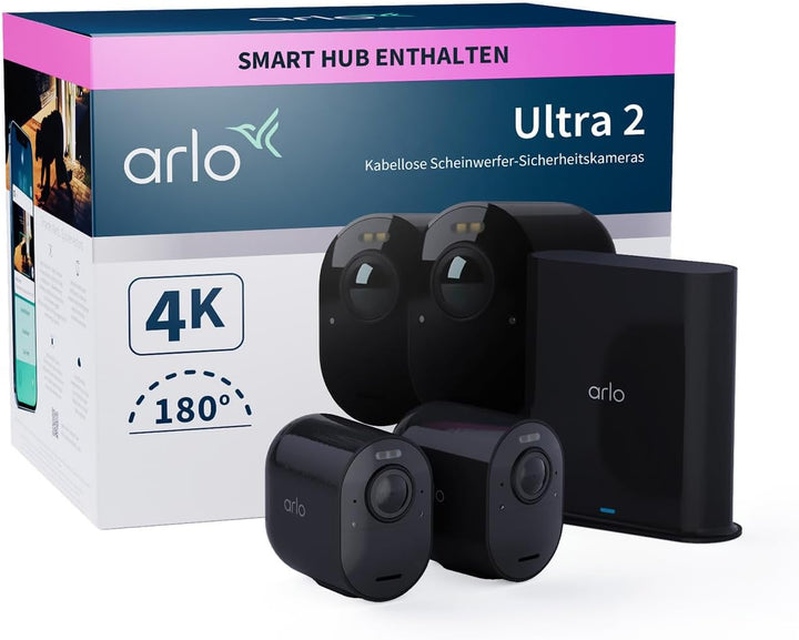 Arlo Ultra 2 Überwachungskamera Aussen WLAN, Kabellos, 2er Set, 4K UHD Qualitätsprodukt, 180° Sichtf