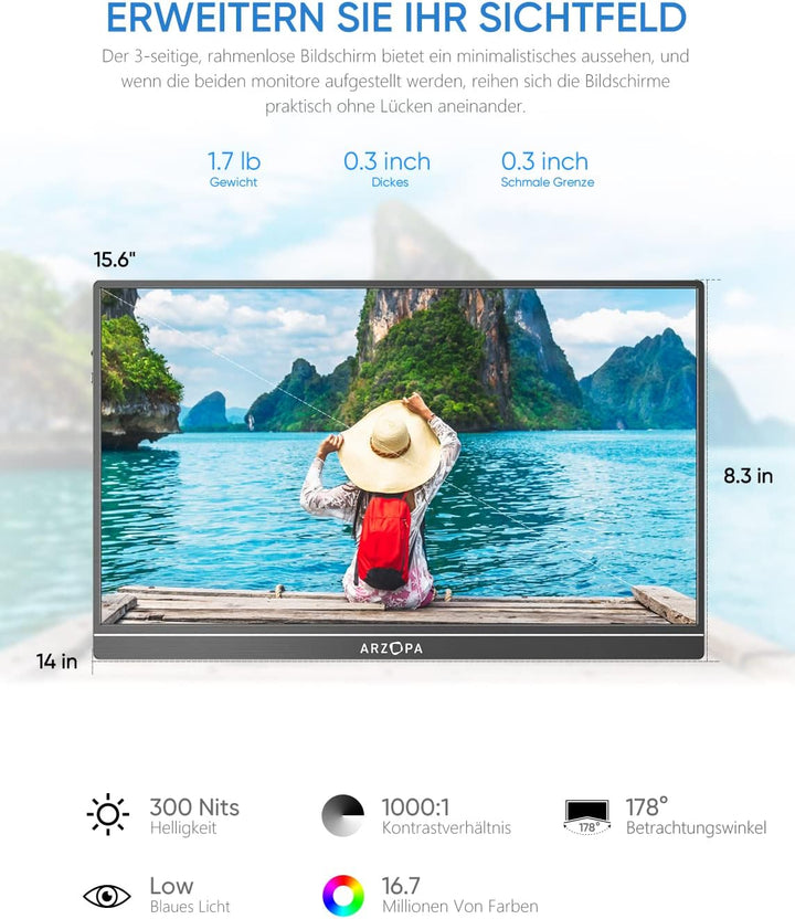 ARZOPA Portable Monitor, 15.6 Zoll Tragbarer Monitor, 1920x1080 Full HD, 100% SRGB IPS Externer Mobi