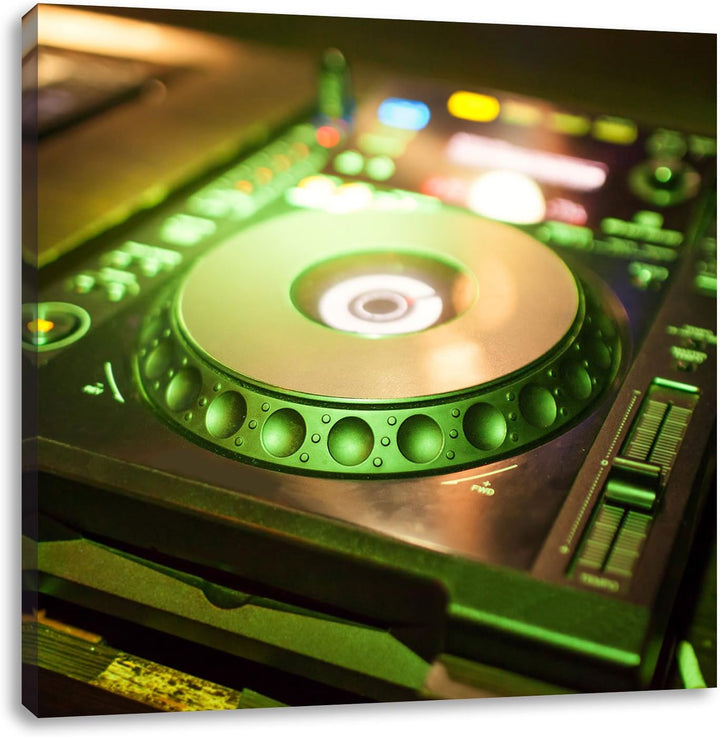 Grün beleuchteter DJ Pult, Format: 70x70 auf Leinwand, XXL riesige Bilder fertig gerahmt mit Keilrah