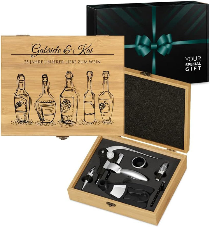 Maverton Weinöffner-Set personalisiert Weinset Sommelier Set - Geschenkbox Holzbox + 6er Weinzubehör