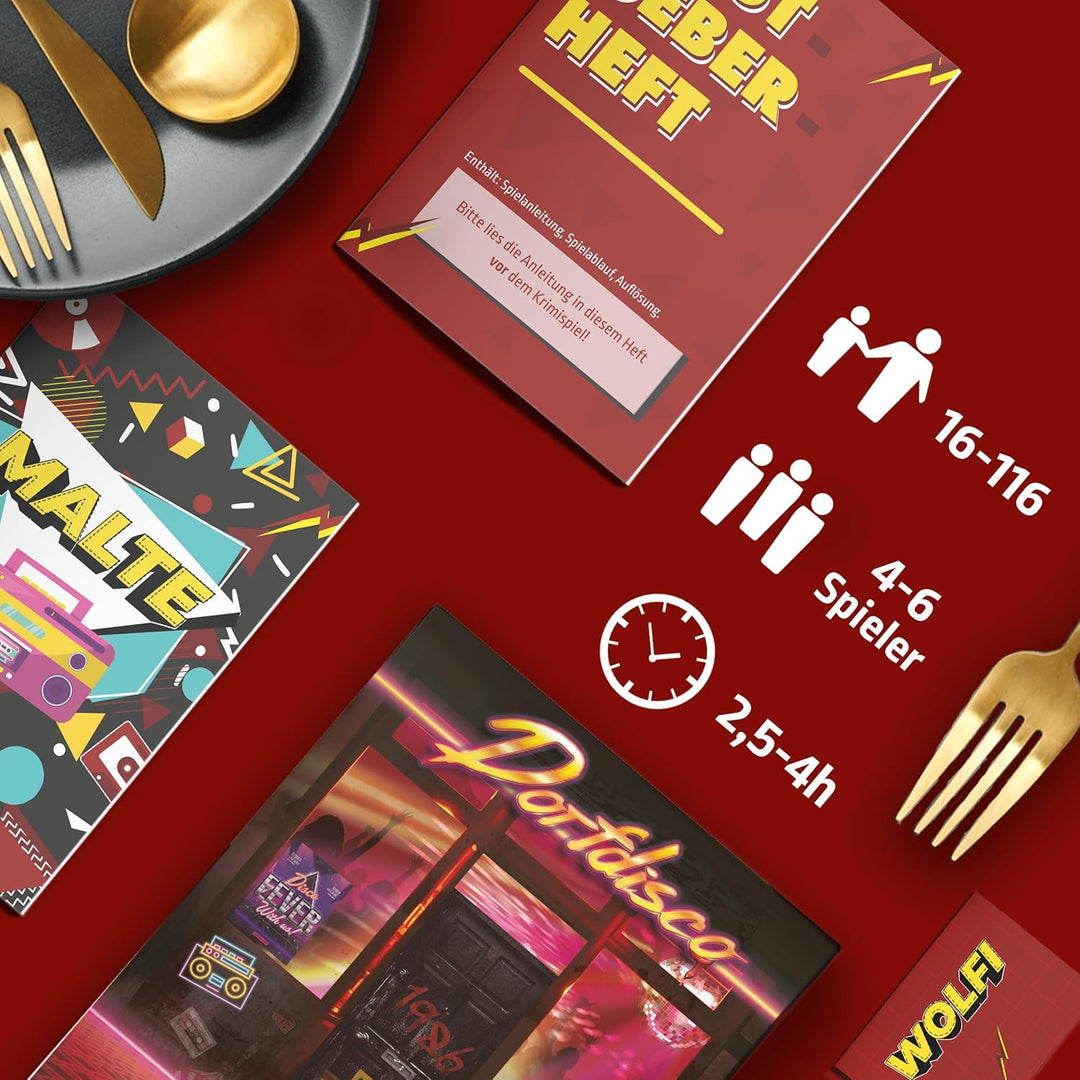 MORD bei Tisch Krimidinner für Zuhause - 4 bis 6 Personen - Der Dorfdisco Fall - Das Krimi Spiel ab