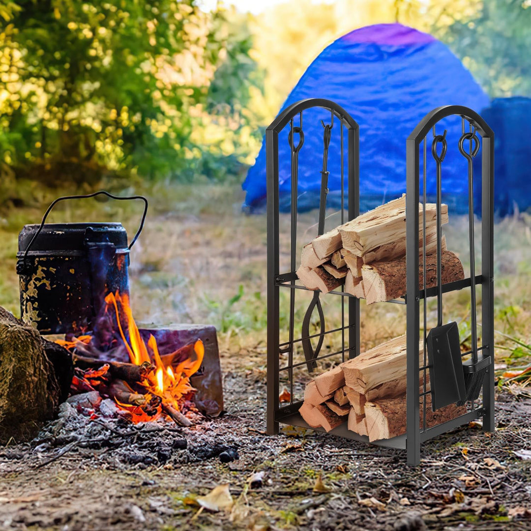 Randaco kaminholzregal Innen und Aussen, mit Kaminbesteck, Metall Brennholzregal aussen, Holzunterst