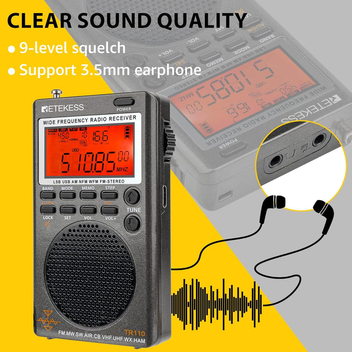 Retekess TR110 Tragbares Digitales Radio,FM MW SW SSB Air Band World Receives Radio,FM Stereo,Sleep