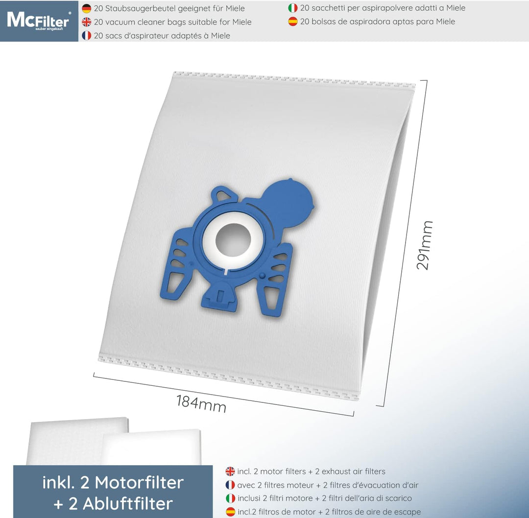 McFilter | 20 Staubsaugerbeutel inkl. Mikrofilter geeignet für Miele S 8340 PowerLine, Ecoline Staub