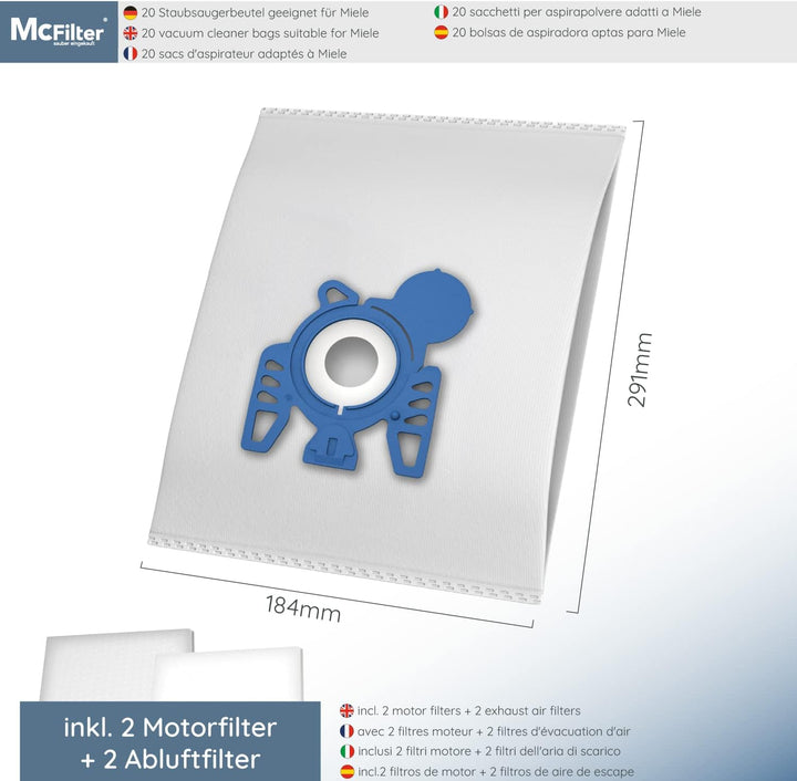 McFilter | 20 Staubsaugerbeutel inkl. Mikrofilter geeignet für Miele S 8340 PowerLine, Ecoline Staub