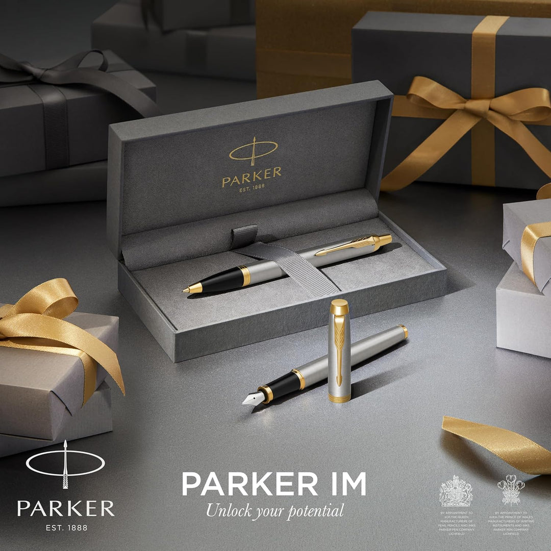 Parker IM Duo-Geschenkset mit Kugelschreiber & Tintenroller | Brushed Metal mit Goldzierteilen | Nac