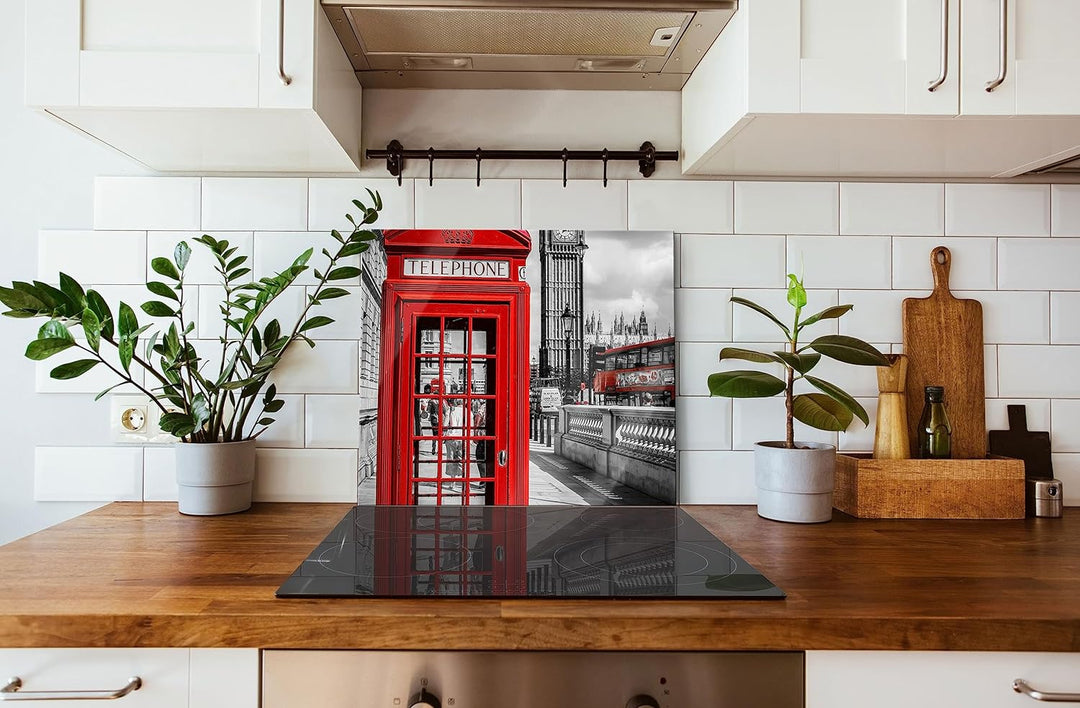 Telefonzelle London Herdabdeckplatte & Spritzschutz aus Echtglas | Für Herd-Kochfelder | 60x52 cm