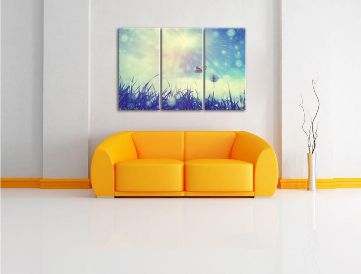 Pixxprint zarter Schmetterling fliegt zu Pusteblume Kunst Buntstift Effekt 3-Teiler Leinwandbild 120