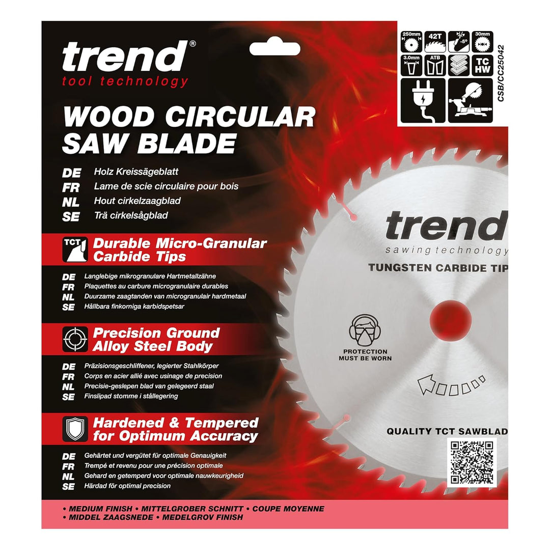 Trend CraftPro Negative Hook Crosscutting TCT Kreissägeblatt, 250mm Durchmesser x 42 Zähne x 30mm Bo