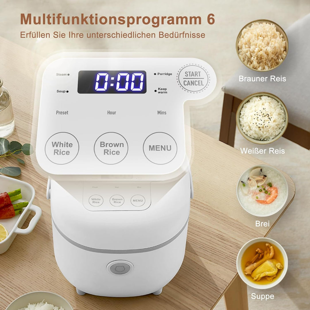 Bear Reiskocher Weiss 2L mit Dampfgarer, 6 Reiskochfunktionen mit braunem Reis, Dampf, Brei, Suppe,