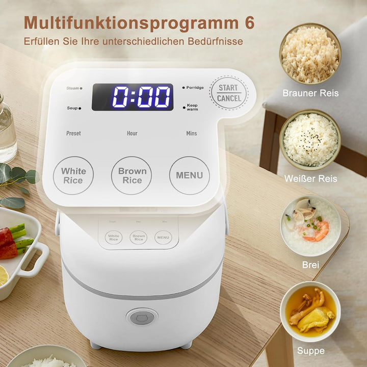 Bear Reiskocher Weiss 2L mit Dampfgarer, 6 Reiskochfunktionen mit braunem Reis, Dampf, Brei, Suppe,