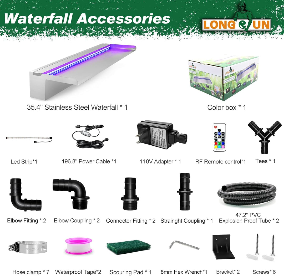 LONGRUN Wasserfall Edelstahl Pool Brunnen, Springbrunnen Garten Wasserfall mit Mehrfarbig LED, Teich