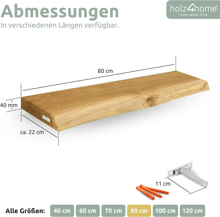 holz4home® Wandregal mit Baumkante 80 cm Länge, Natur Geölt I Schweberegal mit Befestigung im modern