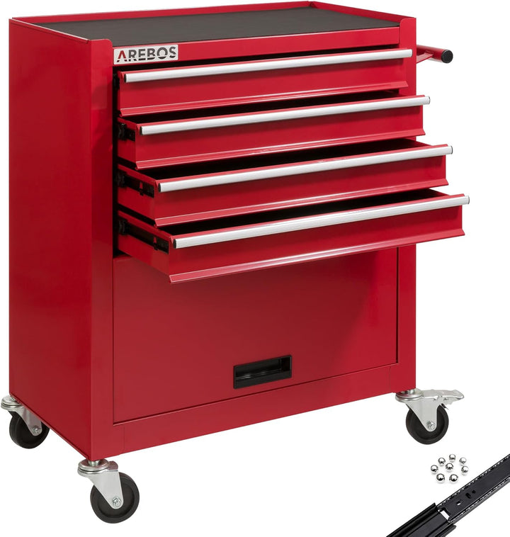 Arebos Werkstattwagen 4 Fächer + grosses Fach für Werkzeug | inkl. Antirutschmatten |kugelgelagerte