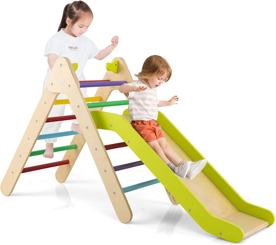 COSTWAY Kletterdreieck mit Rutsche, Klettergerüst aus Holz, Sprossendreieck zum Rutschen und Kletter