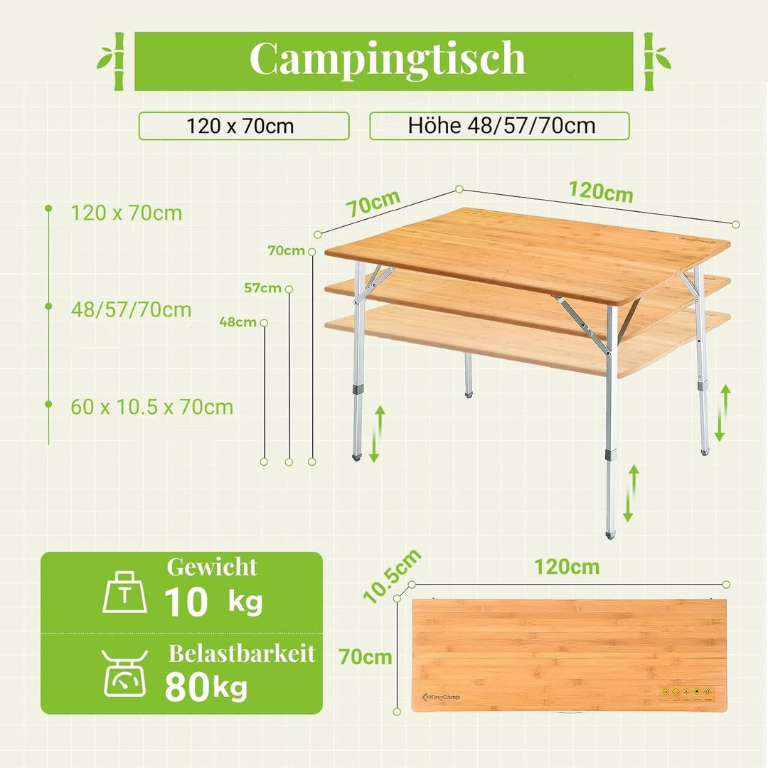 KingCamp Bambus Campingtisch Klapptisch mit 3 verstellbaren Höhen 4 Personen / 6 Personen Gelb (100