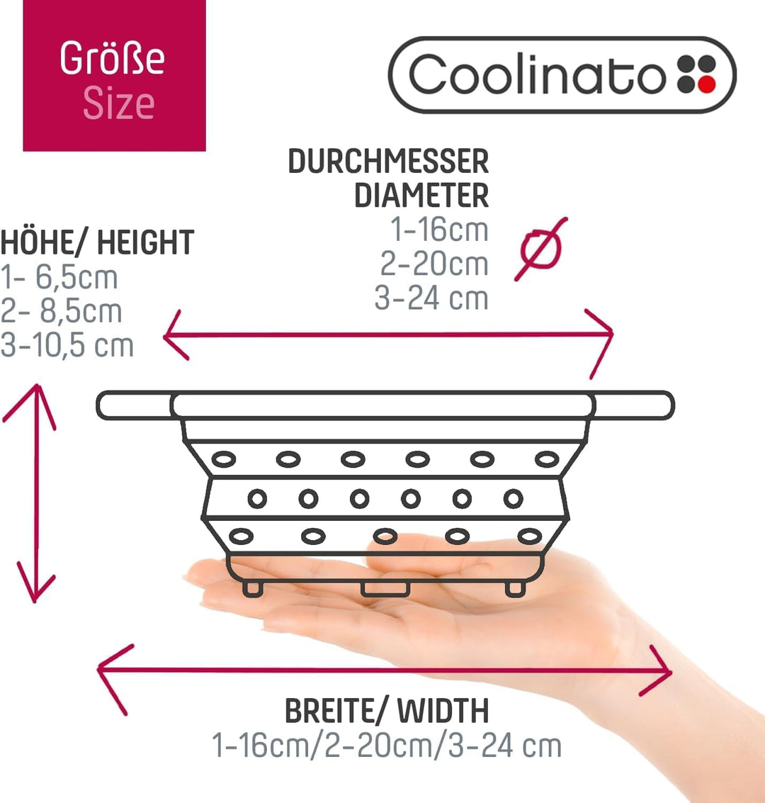 Coolinato – Silikonsieb faltbar 3er Set 16/20/ 24cm Grau – Nudelsieb zum abseihen - Küchensieb spülm