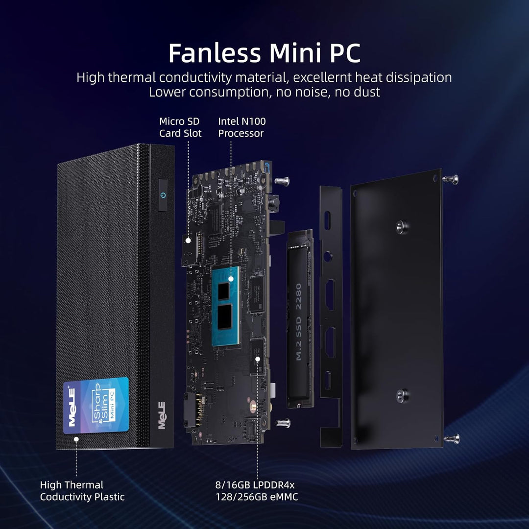 MeLE Quieter4C Lüfterloser Mini PC Windows 11 Pro 16GB DDR4 512GB ROM Micro PC Alder Lake N100(bis z