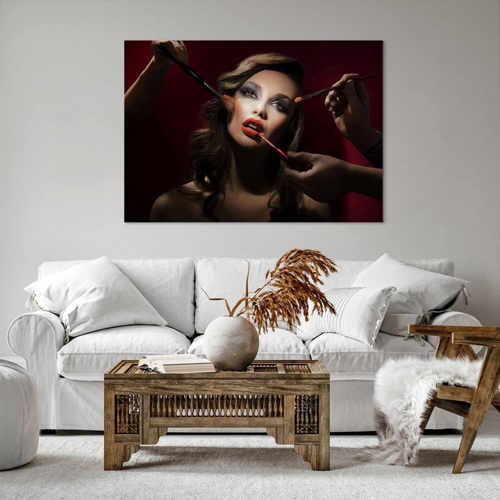 Bilder auf Leinwand 100x70cm Leinwandbild mit Rahmen Frau Make-up schön Gross Wanddeko Bild Schlafzi