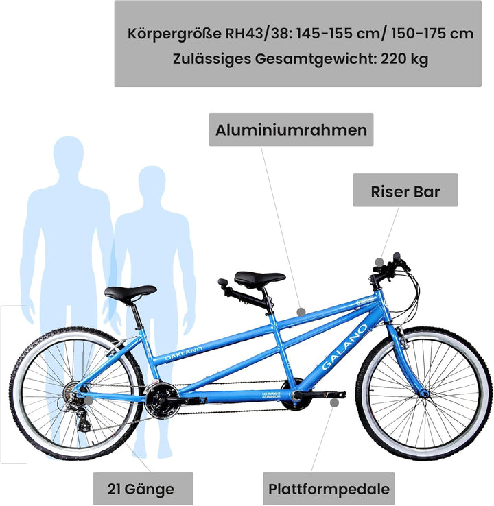 Galano Tandem Fahrrad 2 Personen Mountainbike 21 Gang Schaltung ab 145 cm Hardtail MTB Damen und Her