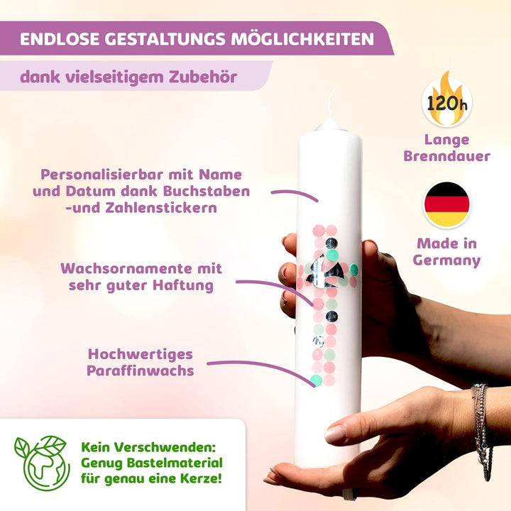WIKAKERZEN Taufkerze selber Machen Set mit Kerzen-Rohling Buchstaben und Wachsplatten mit Wachsmotiv