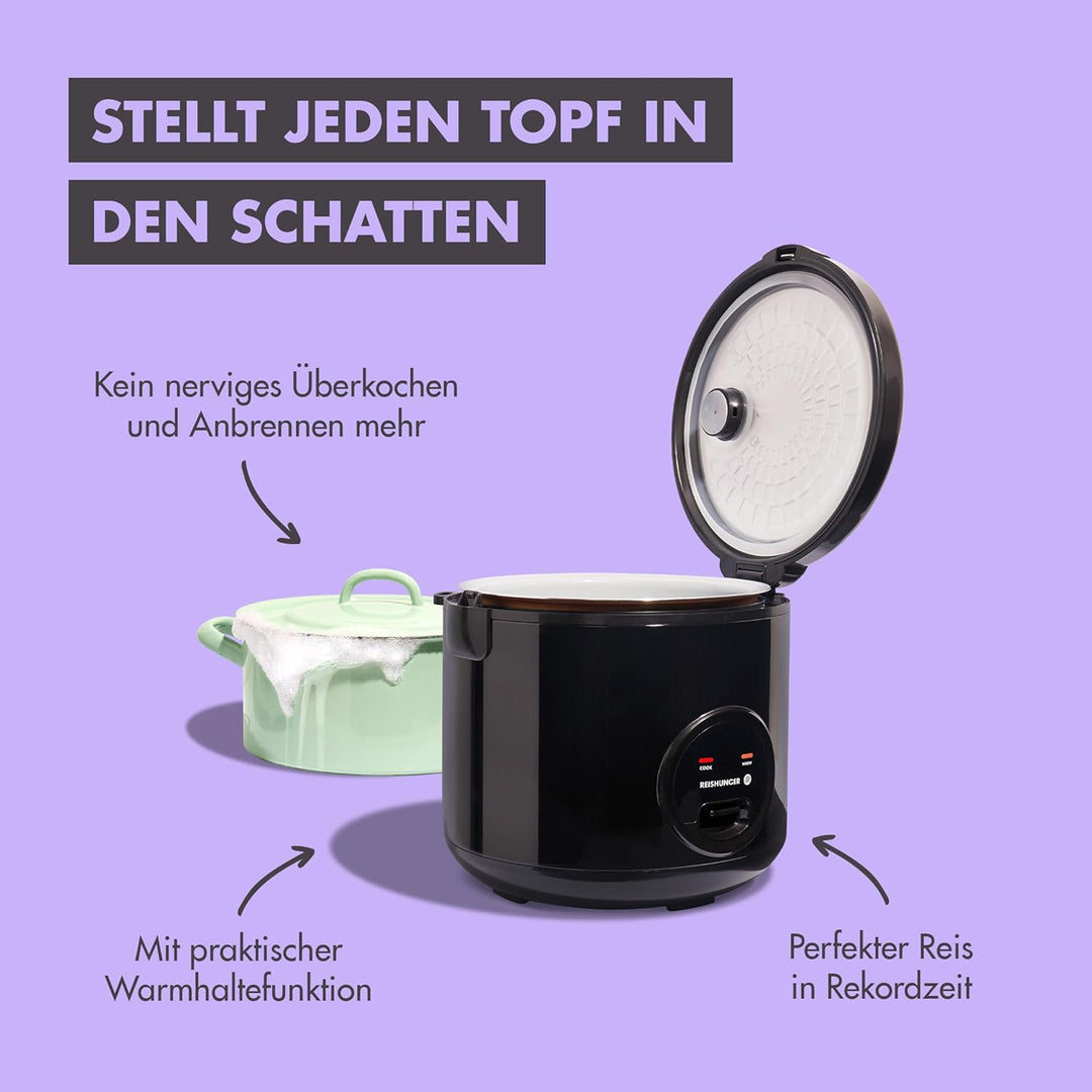 REISHUNGER Reiskocher & Dampfgarer mit Keramikbeschichtung, Schwarz, 1,8L - bis zu 10 Portionen - Sc