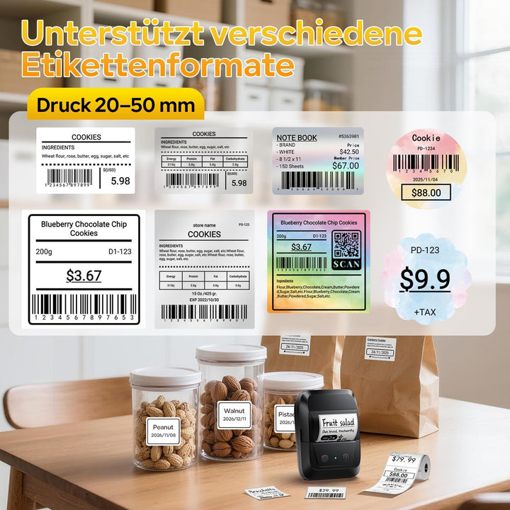 Memoking Etikettendrucker Selbstklebend, Bluetooth Label Printer mit 2000 Symbolen und 300 Vorlagen,