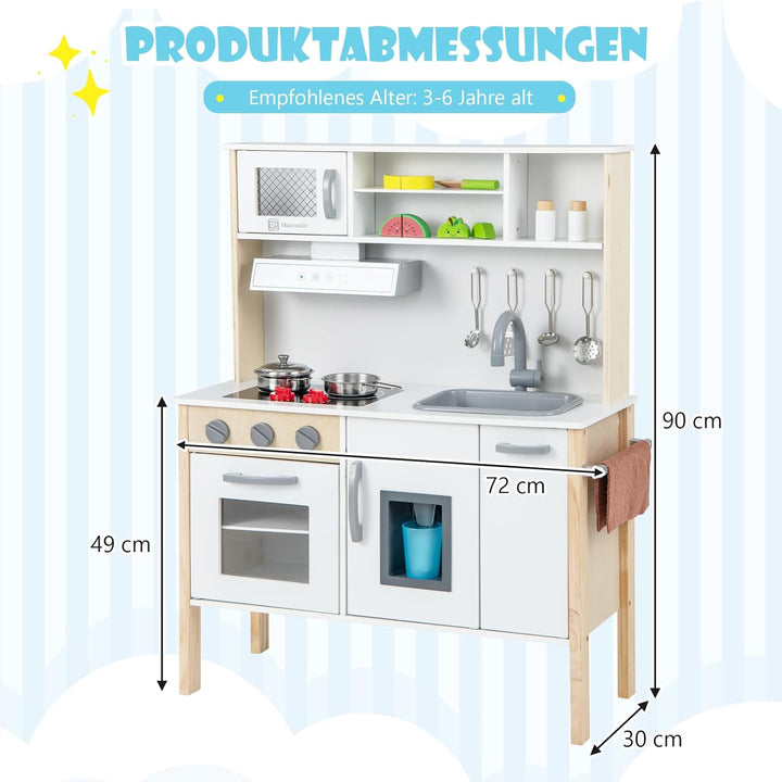 COSTWAY Kinderküche Spielküche inkl. 18 Zubehör, Kinder Küche Holz mit Spüle Mikrowelle Eismaschine