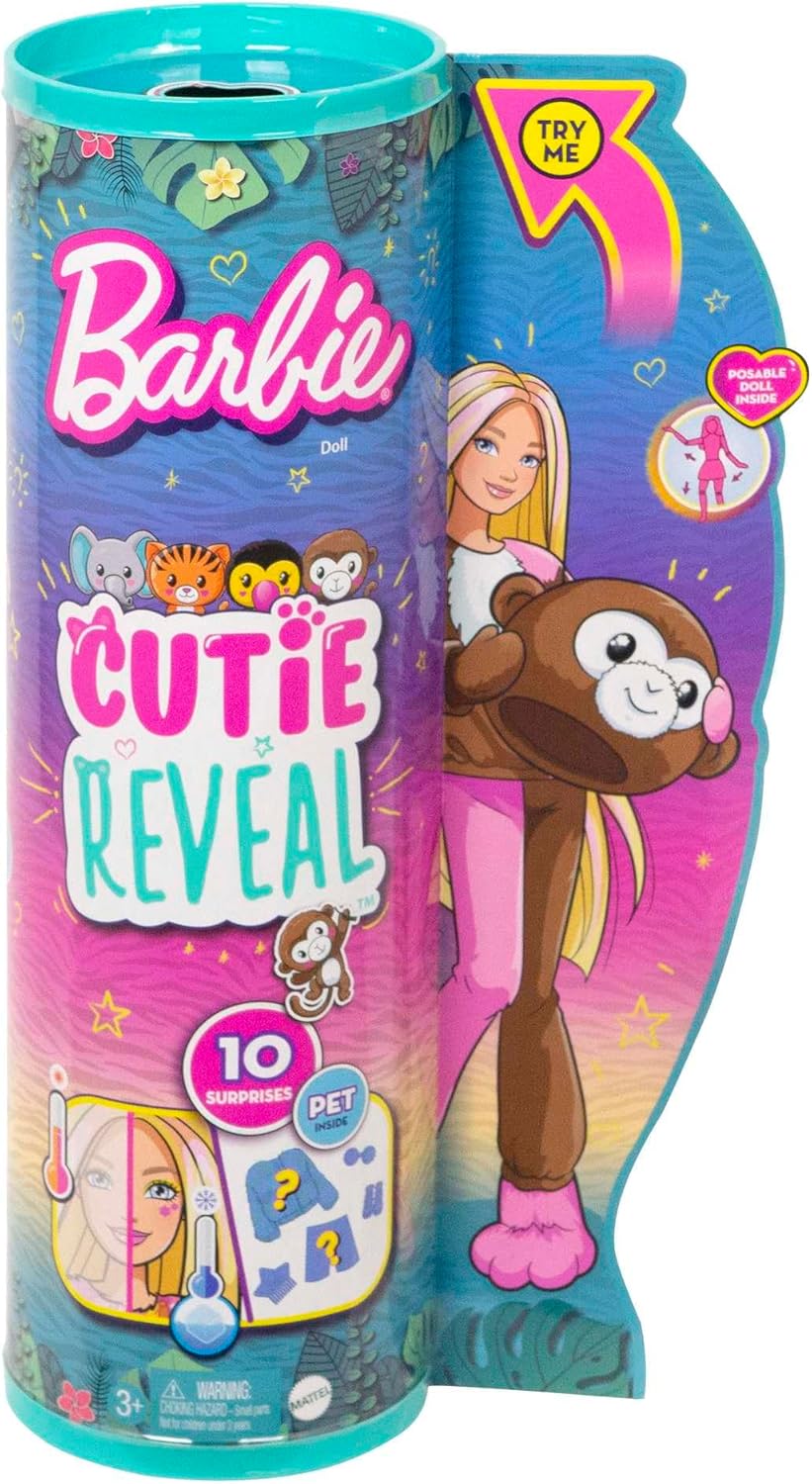 Barbie Cutie Reveal, bewegliche Affenzubehör, 10 Überraschungen, Haustier, wechselnde Farben, inkl.