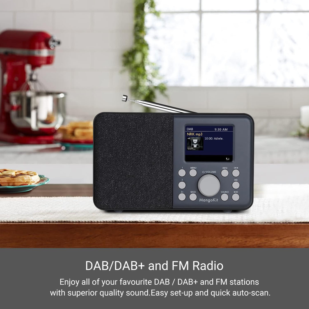 MangoKit MD3 DAB/DAB+ und UKW tragbares Digitalradio, Bluetooth-Lautsprecher, Kopfhörer, 40 voreinge