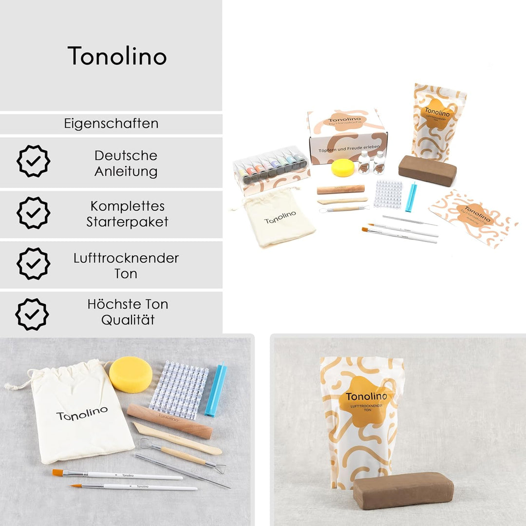 Tonolino - DIY Kreativset für Erwachsene | Töpferset mit Pastell-Acrylfarben, Werkzeugen & 2 kg luft