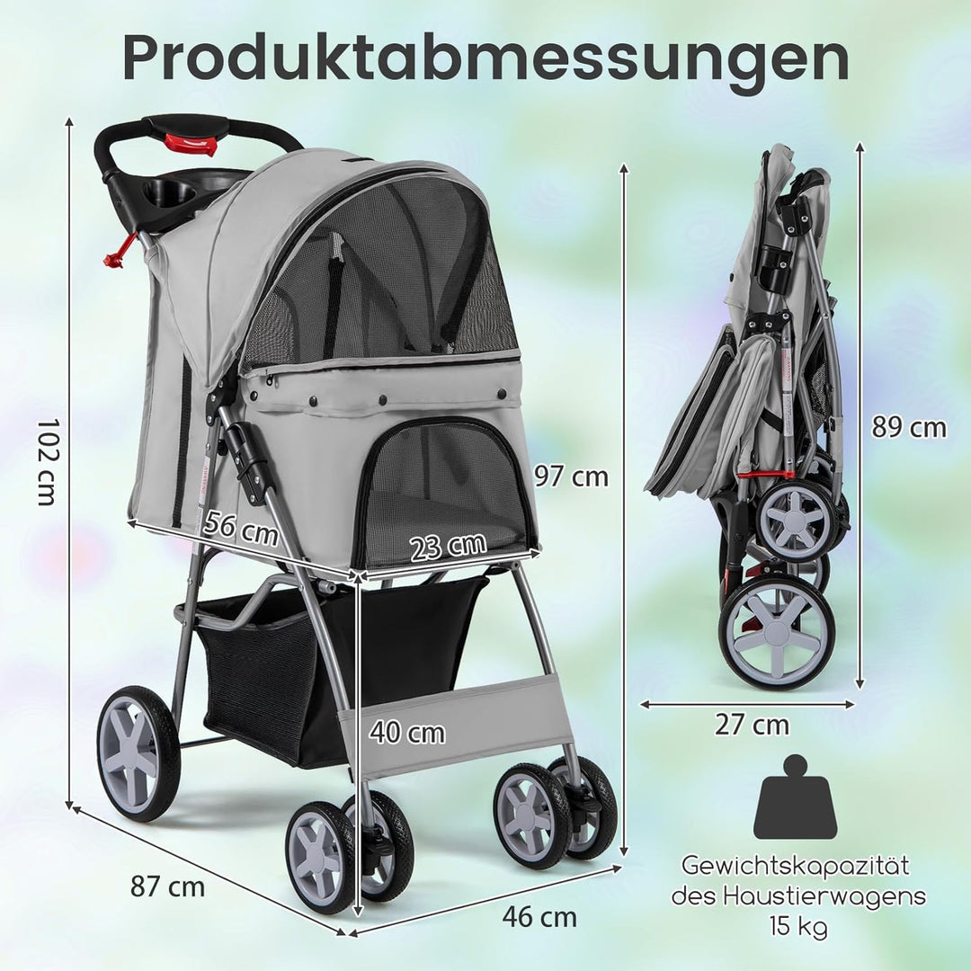 COSTWAY Hundewagen Haustiere Buggy, bis 15 kg, Hundebuggy mit Netzfenstern & Getränkehalter & Korb &