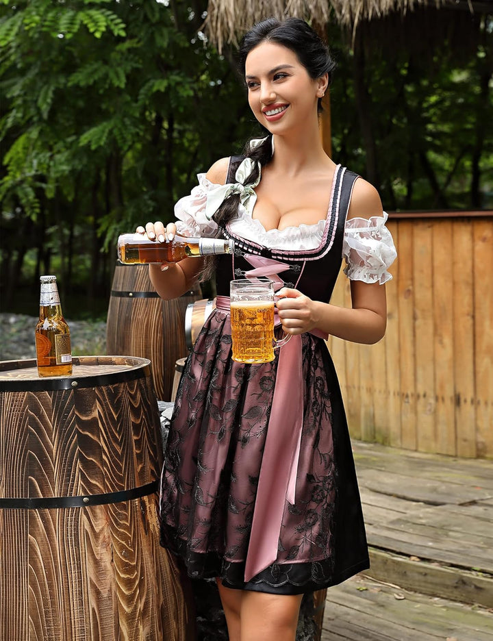 KOJOOIN Dirndl Damen Kurz Trachtenkleid 3tlg. Midi Dirndl für Oktoberfest Drei Teilig: Dirndlkleid,S