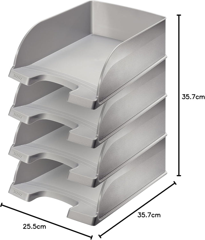 Leitz Briefkorb A4 Jumbo, 4er Pack, Silber, Mit extragrossem Fassungsvermögen, Plus Serie, 52330084
